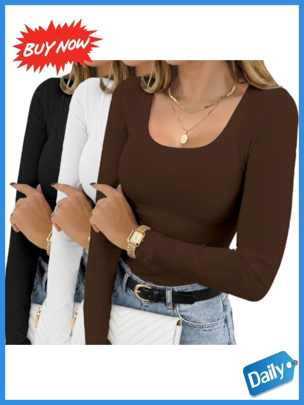 Women's 3 Pack Long Sleeve Square Neck Ribbed Slim Fit Tops